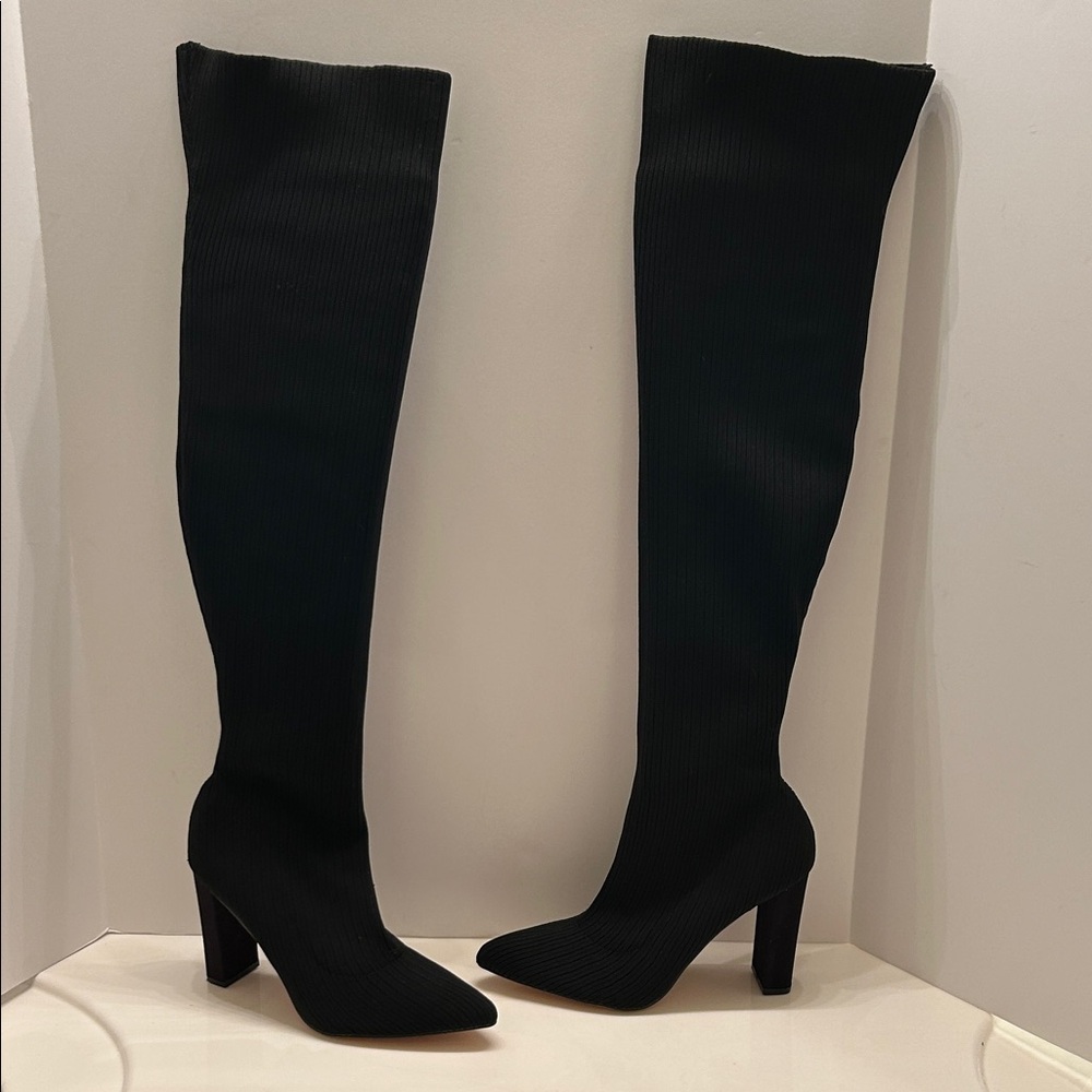 Fashion Women's Black Over-the-Knee Stretch Sock 4” Block Heel Boots, Size 10.